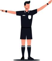 A confident soccer referee in a black uniform signaling with arms raised in a flat and minimal illustration vector