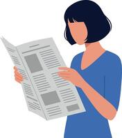 Woman reading a newspaper while standing, dressed in a blue top, in a minimal flat design illustration vector