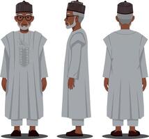 Traditional elderly man in flowing attire showcasing multiple views in a minimal flat illustration style vector