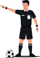 Soccer referee in a black uniform signaling a foul with a pointed finger in a flat, minimal art style vector