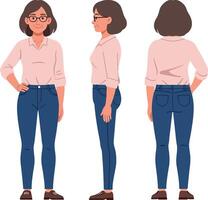 Woman standing confidently in various poses, wearing casual attire, depicted in a flat and minimal design style, showcasing art vector