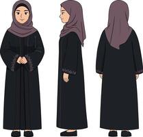 A young woman wearing a black abaya with a matching hijab in a flat illustration showcasing different angles and expressions of confidence and grace vector