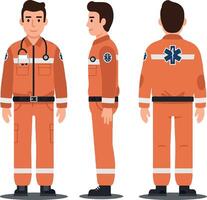 Emergency medical technician character in flat design style showcasing different poses and angles wearing orange uniform, illustration vector