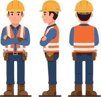 Construction worker character in flat design showcasing three views, wearing safety gear and a hard hat, exuding professionalism and readiness in art vector