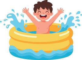Happy child with arms raised splashing water in a bright yellow inflatable pool, engaging in playful summer fun, flat art vector