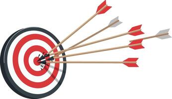 Target board with multiple arrows hitting the bullseye in a flat and minimal design style showcasing precision and focus in art vector