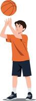 Boy in an orange shirt shooting a basketball with focus and determination in a flat illustration vector