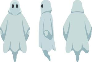 Ghost character with a playful expression shown in three different angles, flat design style, whimsical and lighthearted illustration vector