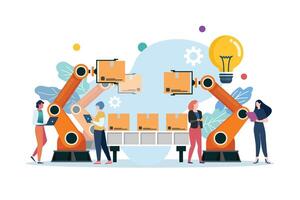 People with automation robot arm machine vector