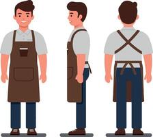 A cheerful barista wearing a brown apron poses in multiple angles showcasing a flat design style illustration vector