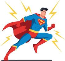 A superhero in a blue and red costume running with determination amidst yellow lightning bolts in a dynamic flat illustration vector
