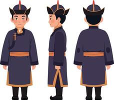 Young man dressed in traditional attire showcasing front, side, and back views in a minimal and colorful illustration vector