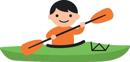 A cheerful boy paddling a bright green kayak with orange oars in a minimal flat design illustration vector