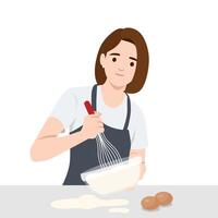 Woman wearing an apron is whisking cake batter in a bowl with a gentle smile. vector