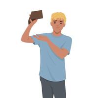 Man in casual clothes looks concerned as he holds up and checks his empty wallet. vector