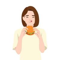 Woman with a content expression holds a delicious burger, ready to take a bite. vector