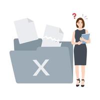 Woman looks confused as she stands beside a large file folder marked X, lost or deleted documents. vector