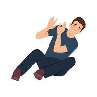 Scared man sits on the floor with a fearful expression, raising hands in defense reacting a threat. vector