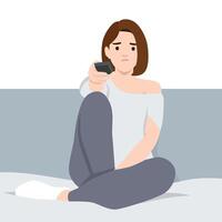 Woman sits on the couch with a bored expression, holding a TV remote as searches something to watch. vector