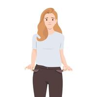 Woman with a worried expression shows her empty pockets, symbolizing financial difficulties. vector
