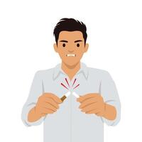 Determined man is shown breaking a cigarette in half, symbolizing the decision to quit smoking. vector