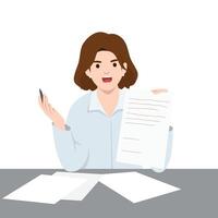 Angry woman is sitting at a desk, holding a paper with written lines and gesturing with a pen. vector