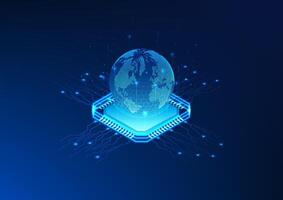 Technology, Microchip, Artificial Intelligence, Microchip with the world on top, represents AI becoming a major driving force of the world, allowing businesses and communication to develop rapidly. vector