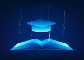 Educational Technology A book with degree cap on top represents modern education that uses technology as a medium for learning to develop rapidly, accessing learning information global network vector