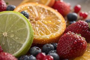 Freshly sliced citrus and mixed berries create a vibrant fruit display in sunlight photo
