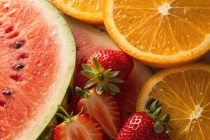 Fresh watermelon, strawberries, and oranges arranged for a vibrant summer fruit display photo