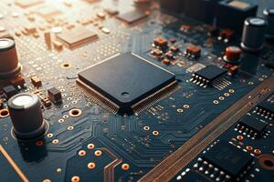 Exploring the intricate world of microchips on a printed circuit board in a workshop photo