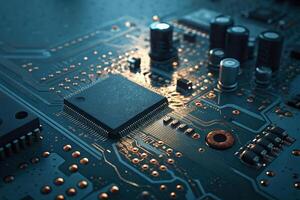 Circuit board in intricate detail showing the complexity of modern technology photo