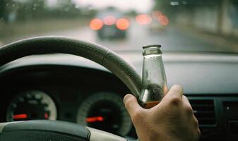 Driving under the influence with a bottle in hand during a rainy evening on a busy road photo