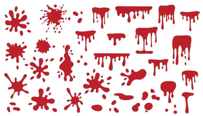 Blood splash, dripping set. Drop and blob of blood. Bloodstains. Isolated. Halloween bundle, paint drip, horror collection, bleeding pack, grunge drip, ink drip, paint dripping, paint splattter