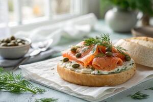 Fresh bagel topped with smoked salmon, cream cheese, and garnished with dill and capers photo