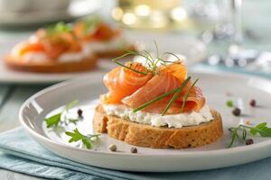 Delicious open-faced sandwich with smoked salmon and cream cheese on a rustic plate photo