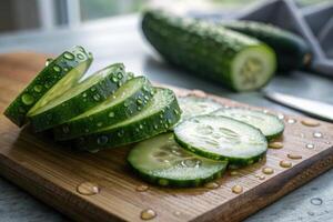 Freshly sliced cucumber on a wooden cutting board with water droplets photo