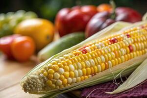 Fresh corn and assorted fruits and vegetables displayed on a wooden table in a natural setting photo