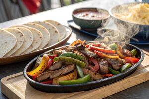 Sizzling platter of grilled meat with colorful vegetables served alongside tortillas photo