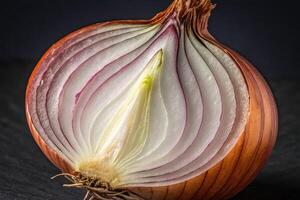 Sliced onion revealing layers of texture and color in a close-up view photo