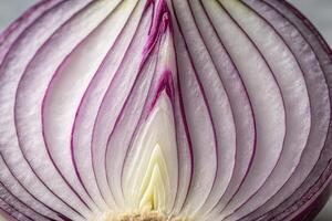 Close view of a sliced red onion revealing intricate layers and texture in natural light photo