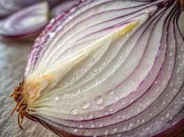 Sliced red onion displaying layers with water droplets in natural light setting photo