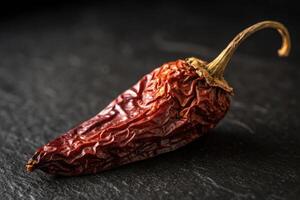 Dried red chili pepper resting on a dark stone surface, showcasing its wrinkled texture and color photo