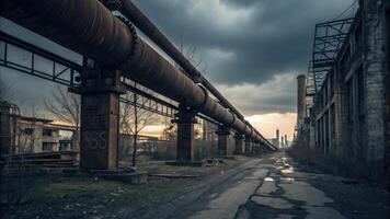 Post-apocalyptic landscape highlighting environmental collapse and pollution effects photo