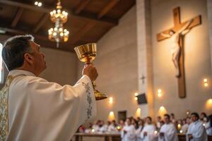 Celebration of Easter Mass with a solemn procession and reflection in a beautiful church photo