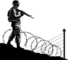 A silhouette of a soldier in military attire stands on a rocky terrain, holding a rifle at the ready. Behind him is a line of barbed wire, suggesting a boundary or secure area vector