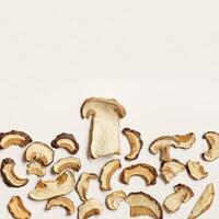Minimal food pattern beige color from dried slices of porcini, dehydrated food boletus mushrooms, top view, aesthetic texture flat lay. Natural forest white mushroom, healthy eating photo