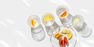 Fruit Infused Water in clear Glasses with Shadows at sunlight on White background, banner. Aesthetic view summer healthy drink with slices of lemon, orange with rainbow sun glare from glass cups photo