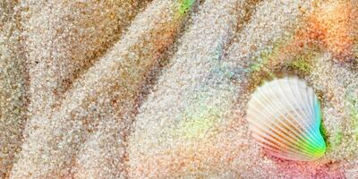 Aesthetic minimal summer banner, white seashell on sand with rainbow flare, copy space, beige neutral tones monochrome background. Top view sandy ripples textured pattern, meditation, relaxation. photo