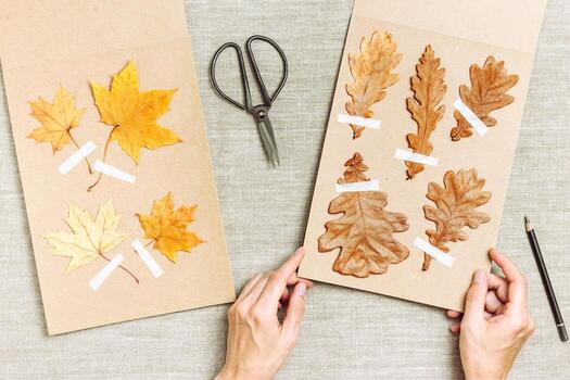 Autumn herbarium flat lay with human hands sticking leaves writing name on craft paper cards. Top view table with pressed leaves from various trees, creative hobby, decor with natural materials photo